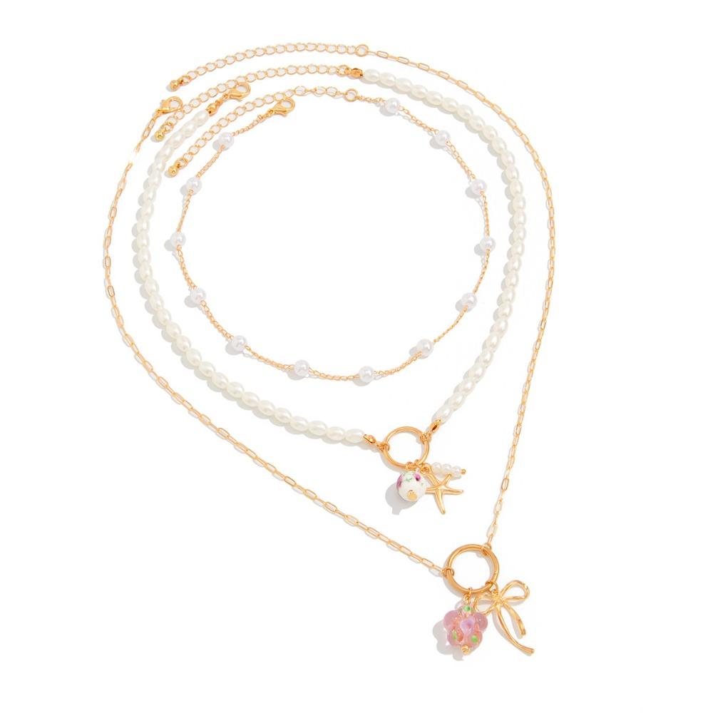 3pcs/set Trendy Multilayer Pearl Necklace Bohemian Style Starfish Choker Conch Clavicle Chain  Women