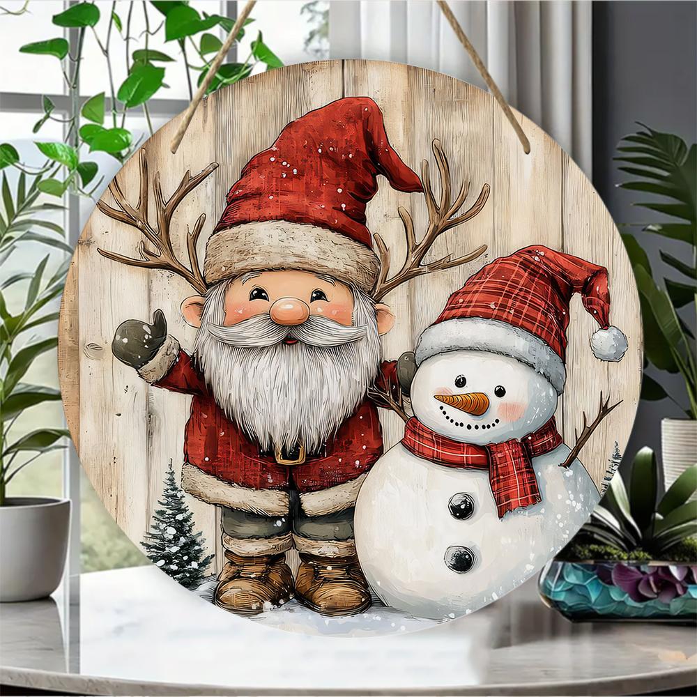 Vintage Santa and Snowman Patterned Round Wooden Hanging Plaque Rustic Farmhouse Wall Sign for Holiday Home Porch Winter Indoor Outdoor Decor