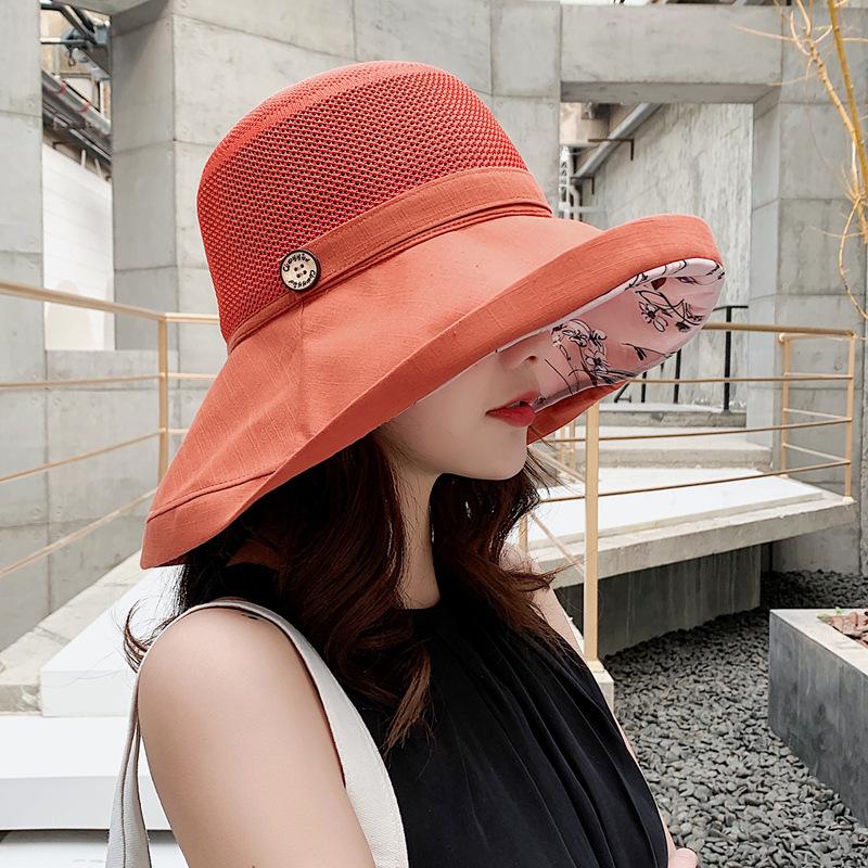 Summer Women's Double-sided Bucket Hat Korean Version Mesh Pattern Button Pot Hat Outdoor Sunscreen Hat