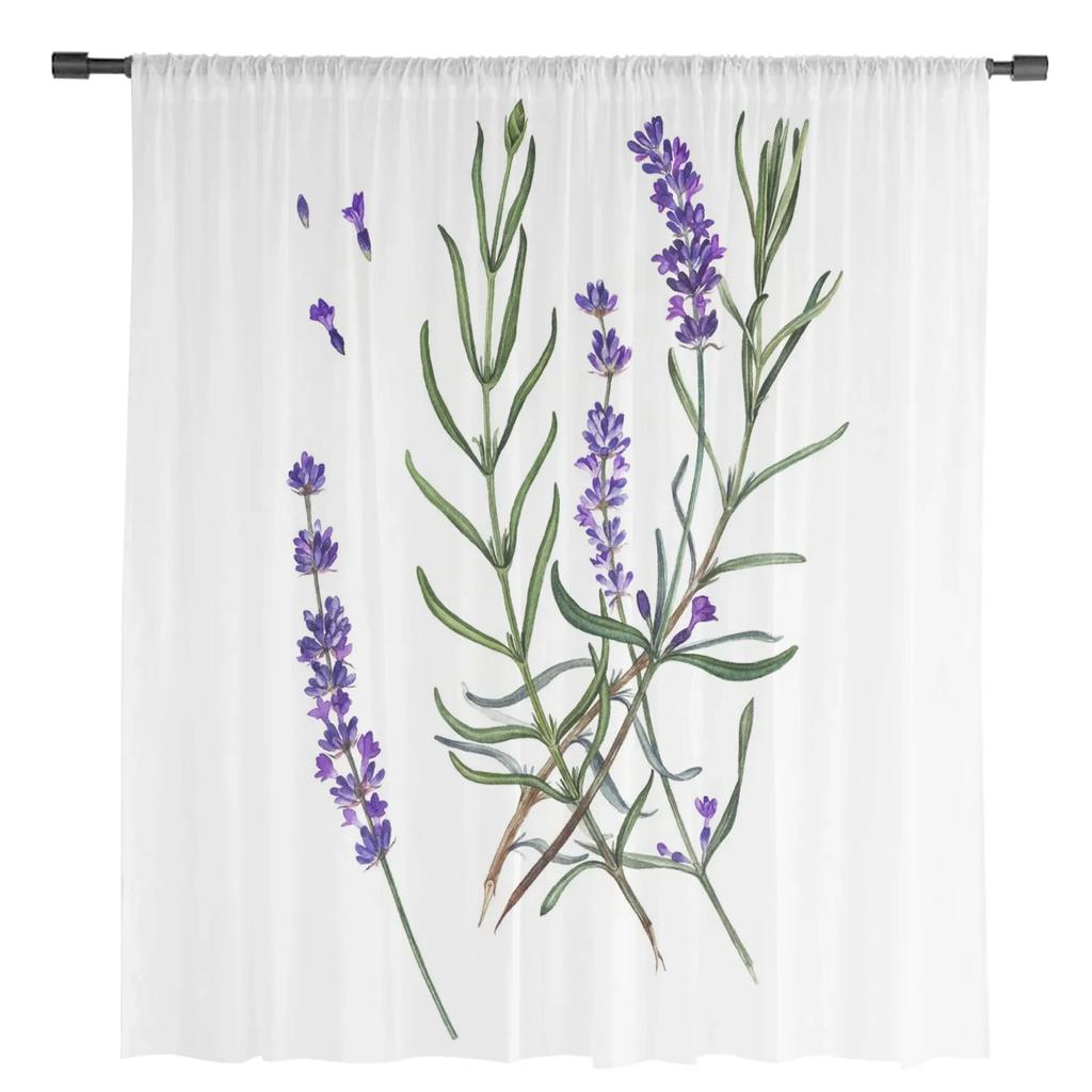 Purple Lavender Green Leaves Plant Field Tulle Sheer Curtains for Living Room Bedroom Decor Window Curtain Voile Organza Drapes