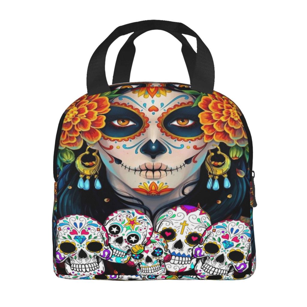 Day of The Dead Mexican Catrina Skull Print Lunch Bag Portable Thermal Cooler Insulated Bento Box for Kids Food Tote Bags