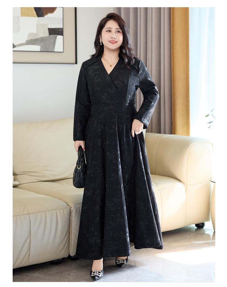2026 Spring Plus Size Women's V-Neck Long Sleeve Slimming Wide Hem Dress