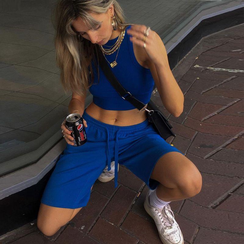 European and American-Style Elastic High Waist Outer Wear Slim Looking Blue Shorts