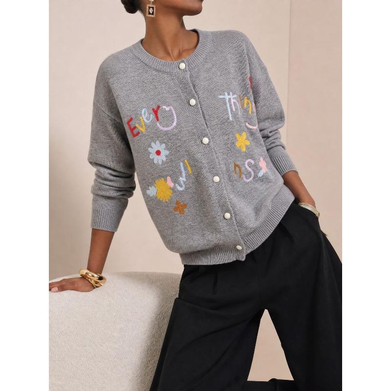 TIFICY Women's Fashion Casual Fall Winter Flower Pattern Print Long Sleeve O-Neck Sweaters