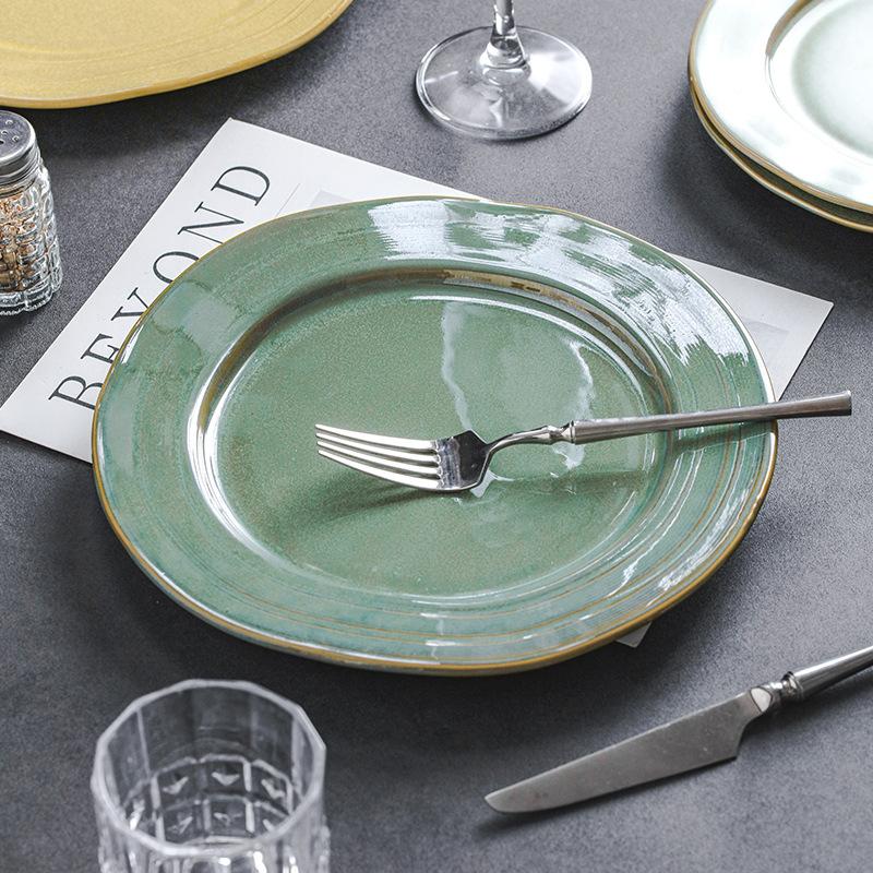 Retro Style Ceramic Round Flat Plate Creative Kiln Change Glaze Shallow Plate Home Cold Dish Plate Western Pasta Salad Steak Plate