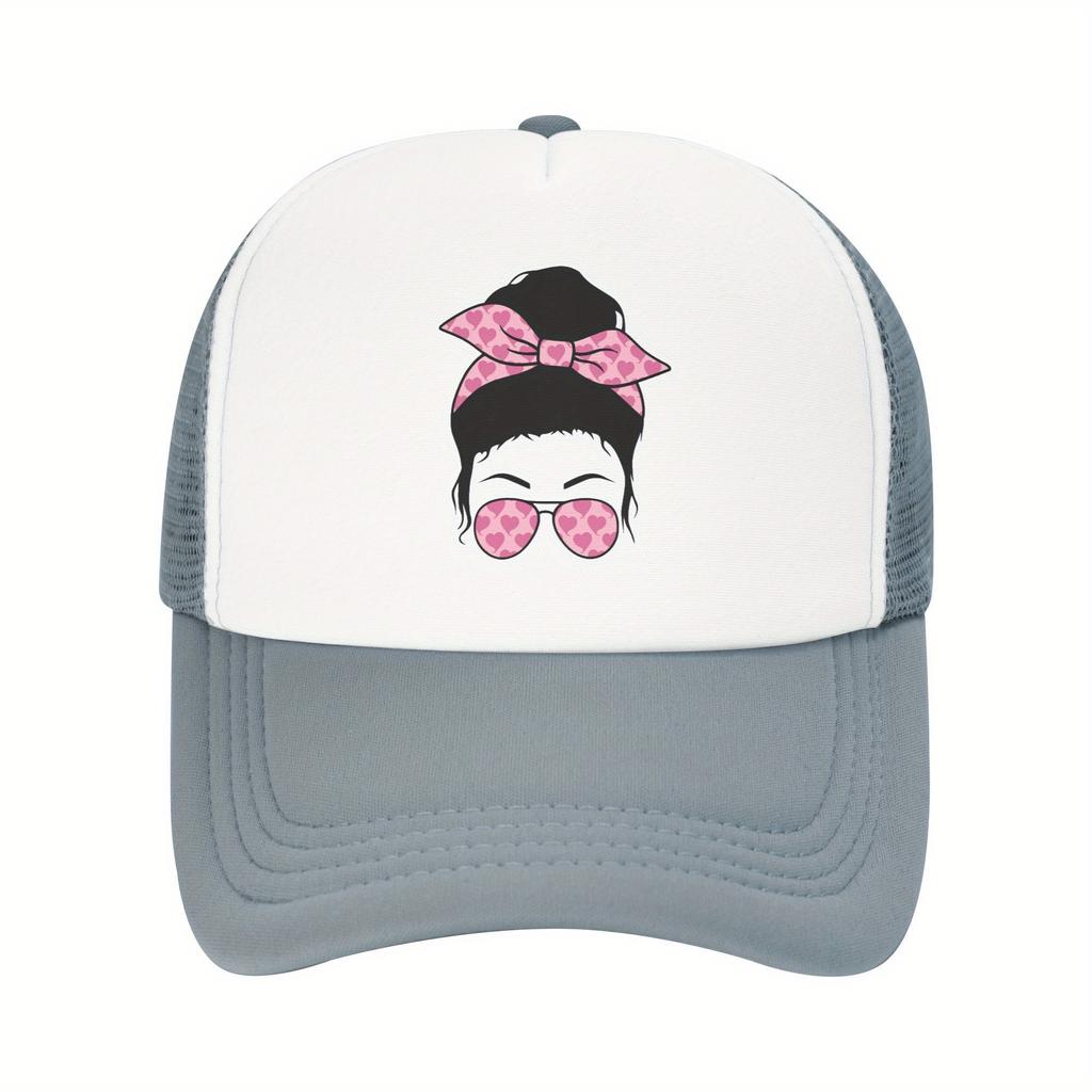 Pink Heart Messy Bun Trucker Hat Valentines Day Adjustable Mesh Baseball Cap Casual