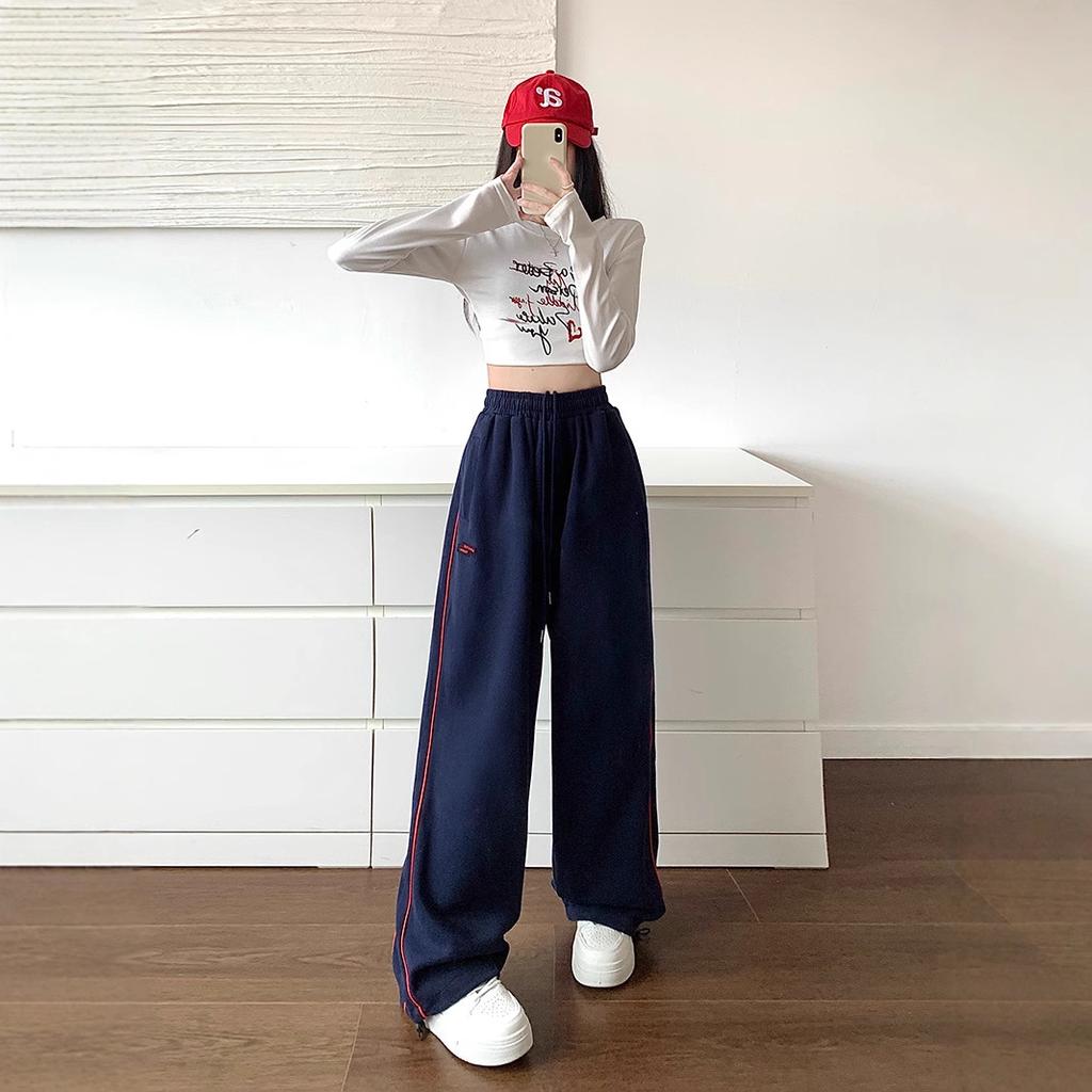 Navy Blue Striped Sweatpants for Women's Design Niche Casual Pants Loose Spring and Autumn New Straight-leg Sweatpants