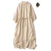 Stand-up collar nine-point sleeve solid color cotton and linen dress for women's 2025 spring new small lazy wind loose belly long dress