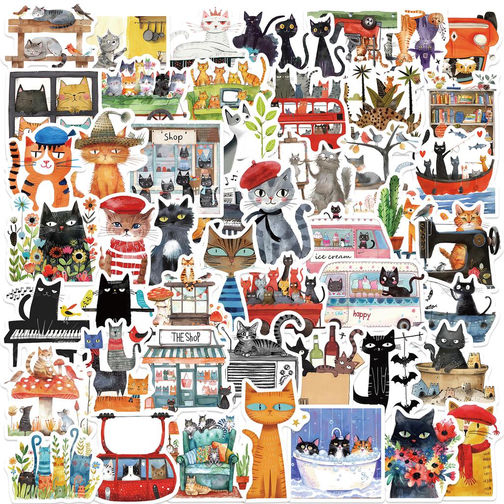 50PCS Cute Cat Stickers Waterproof Funny Cats Decals for Water Bottle Laptop Skateboard Scrapbook Luggage Kids Toys