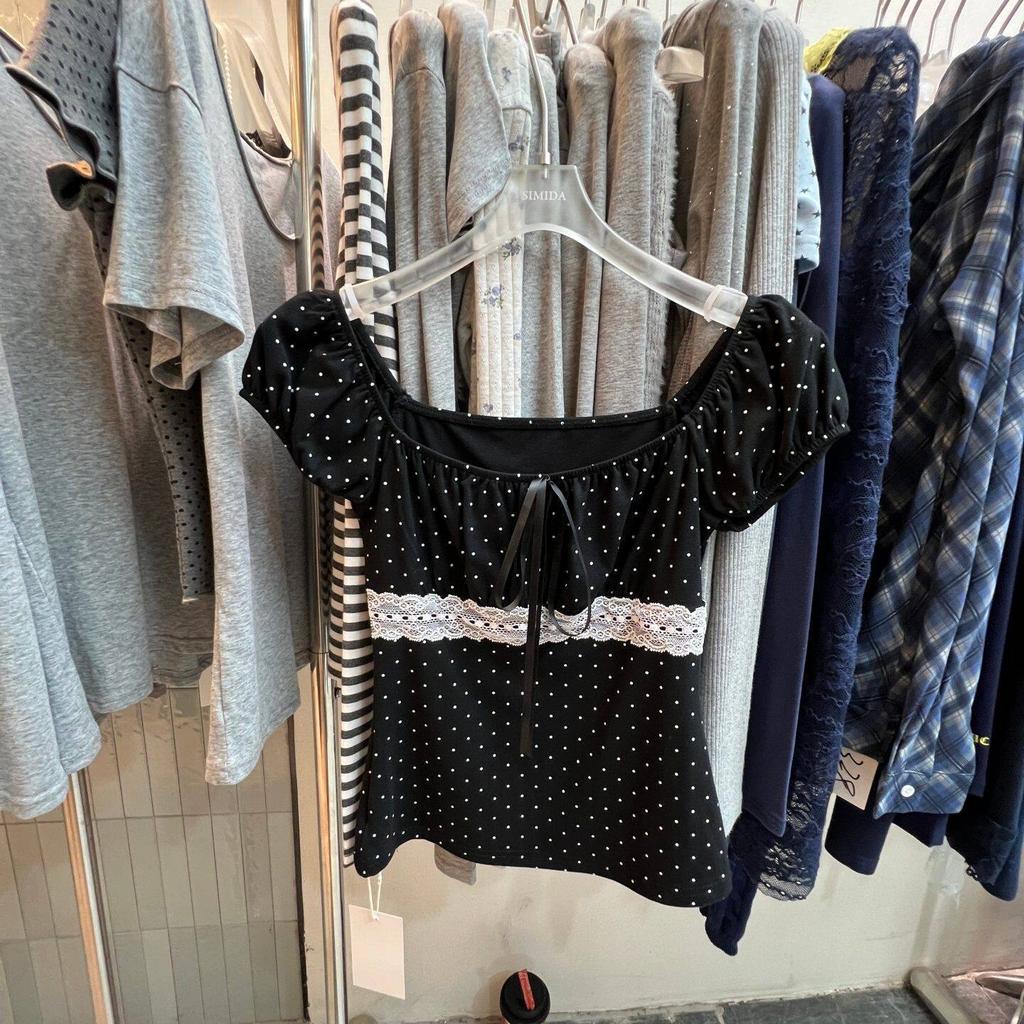 Spring and Summer New Pure Desire Sweet Wind Lace Splicing Polka Dot Square Neck Short-sleeved T-shirt Women's Strap Slim Top