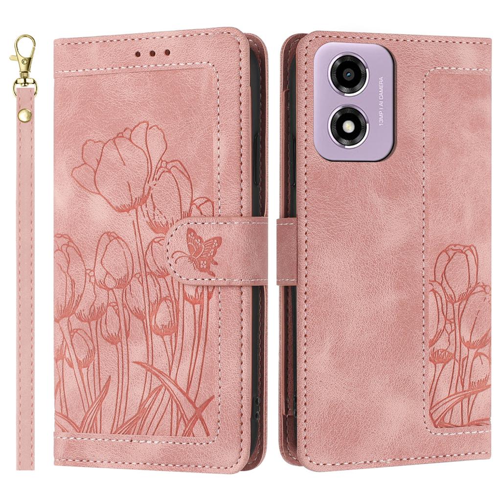 For Motorola Moto E14 4G Tulip Leather Case Phone Cover with 5 Card Slots Wallet