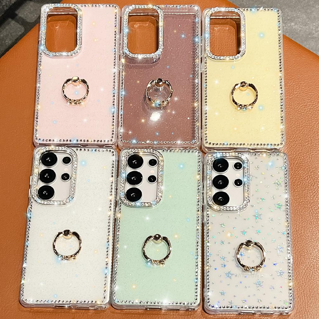 For Samsung Galaxy S24 Ultra Case with Ring Kickstand Rhinestone Edge TPU+PC IMD Phone Cover