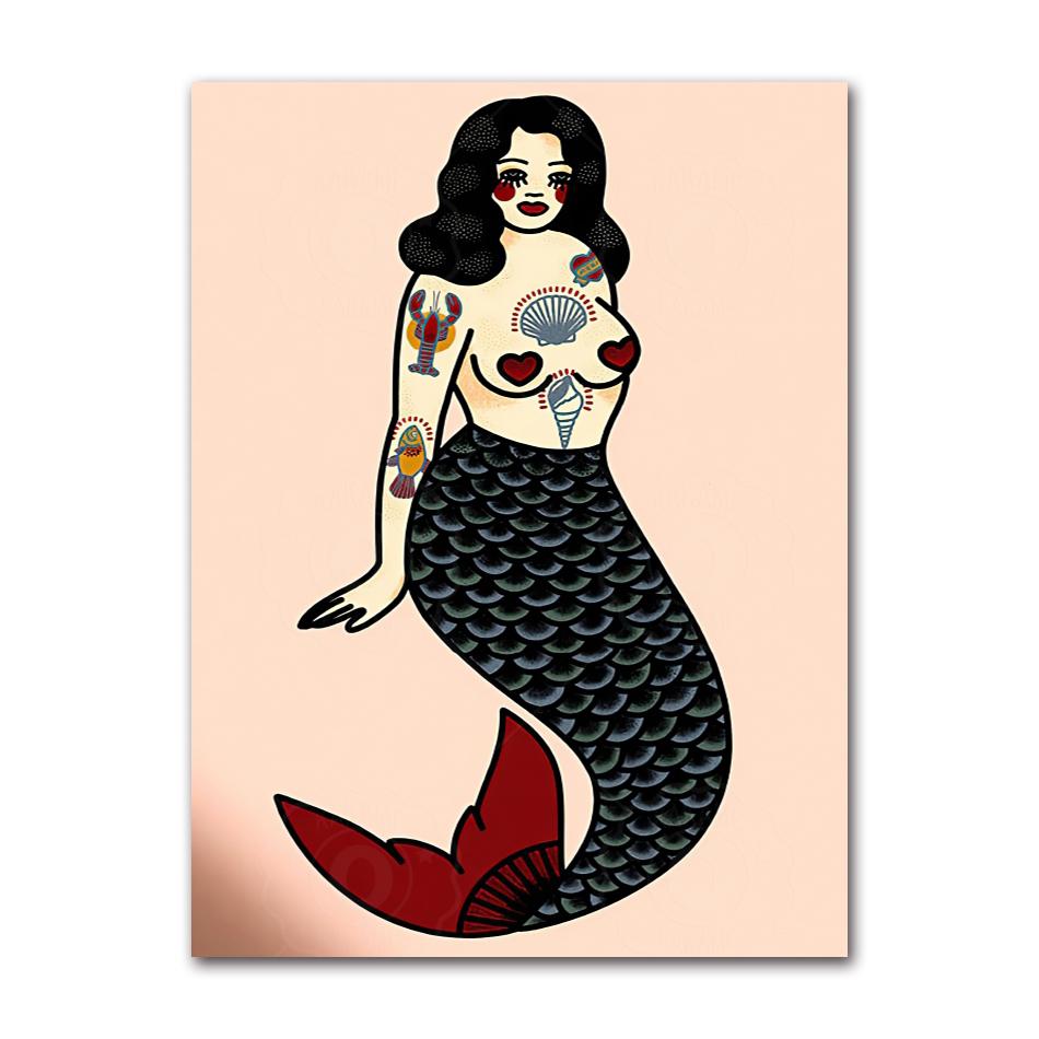 Mermaid Retro Wall Art, Nordic Nude Woman Poster, Printed Images, Living Room, Home Decoration, Oil Painting, Pink, Leopard