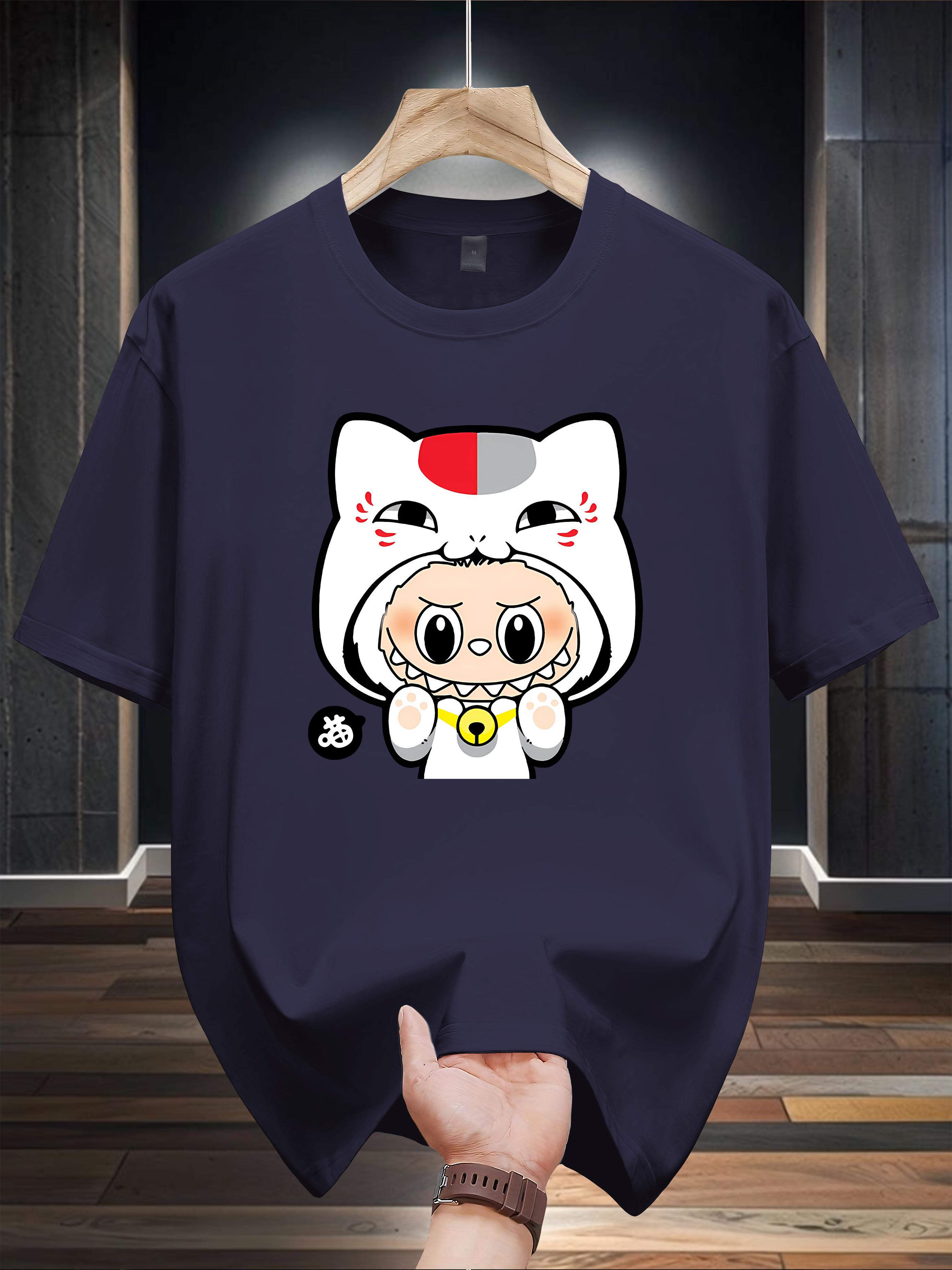 T-shirt with Cute Cat & Japanese Text Graphic Print - Navy Blue Casual Summer Tee M