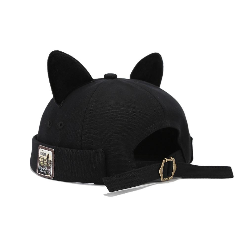 Adjustable Hip Hop Melon Docker Cap Cute Cat Ears Brimless Hat Rolled Cuff Solid Color Retro Skullcap Outdoor Daily