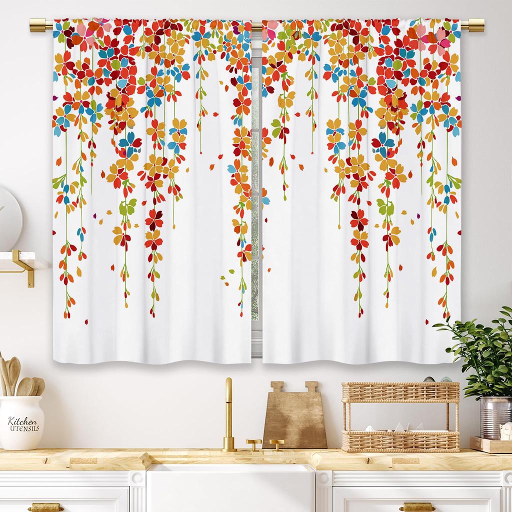 Watercolor Blue Flower Kitchen Curtains Short Cafe Window Curtains Botanical Leaves Rod Pocket Bathroom Window Drapes 2 Panels
