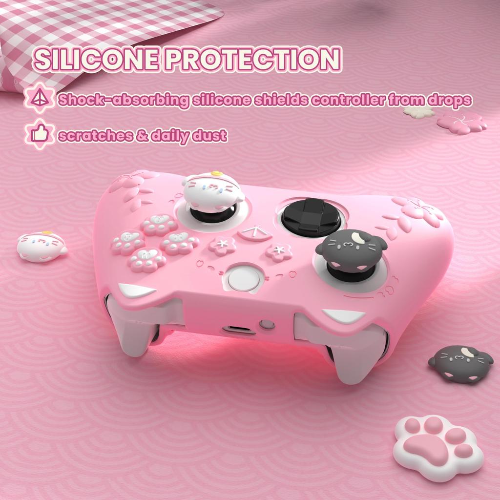 PlayVital Silicone Cover for Xbox Series Sakura Kitten Design Grip Cover Thumbstick Caps Stickers Soft Rubber Case for Xbox Wireless Controllers X/S