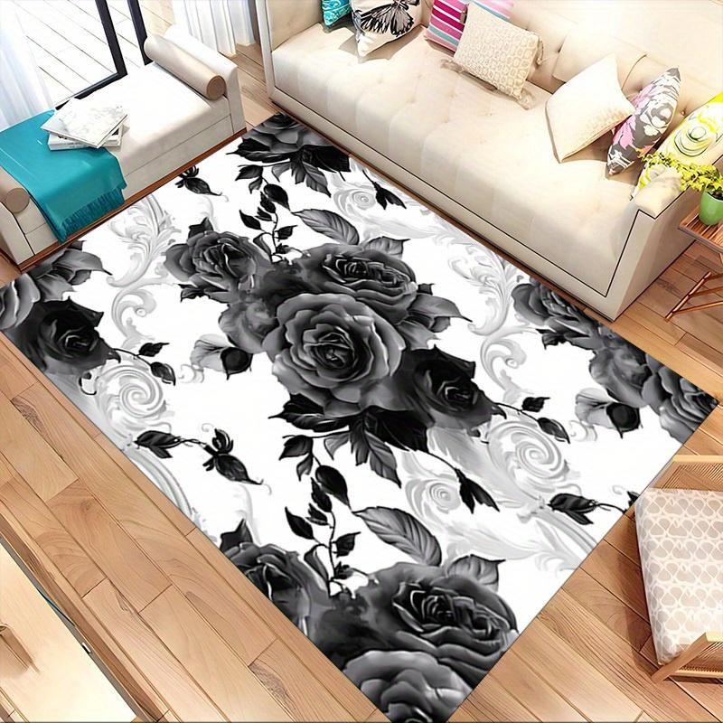 1pc Black Roses Floral Pattern Themed Rug for Home Decor, Non-slip Office Carpet, Chair mat, Outdoor Mat, Christmas and Halloween gifts-0731152