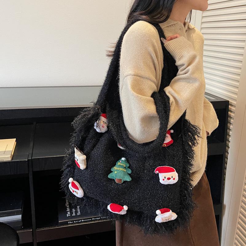 Korean Style Cute Cartoon Winter Yarn Shoulder Bag with Tassels - Versatile Large Capacity Tote