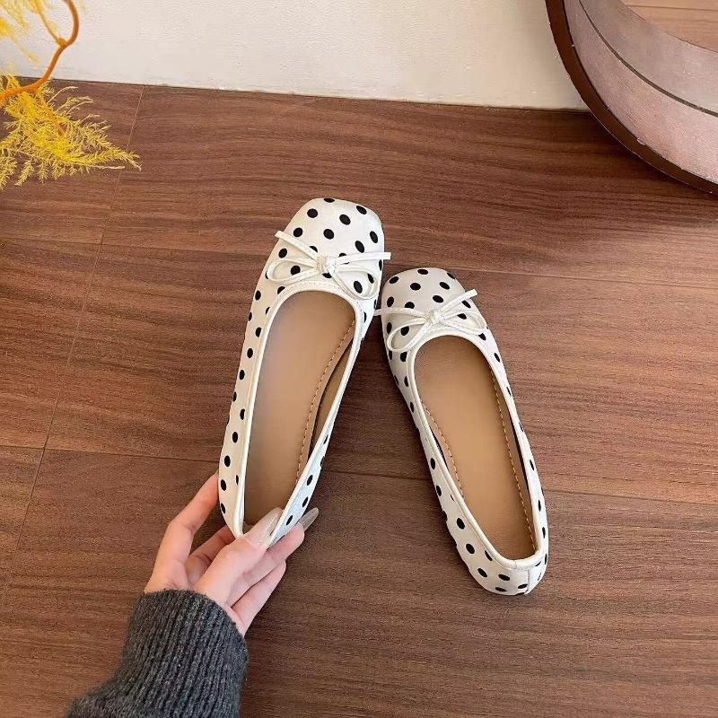 Polka Dot Bow Flat-soled Single Shoes Soft-soled Comfortable Office Workers Commuter Casual Shoes Square Head Spring and Summer Women's Shoes