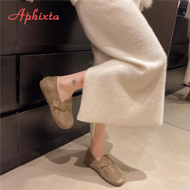 Fashion Aphixta Suede Upper Flat With Woman Loafers Shoes Sewing Design Slip on Ladies Shoes Khaki Round Toe Casual Shoes