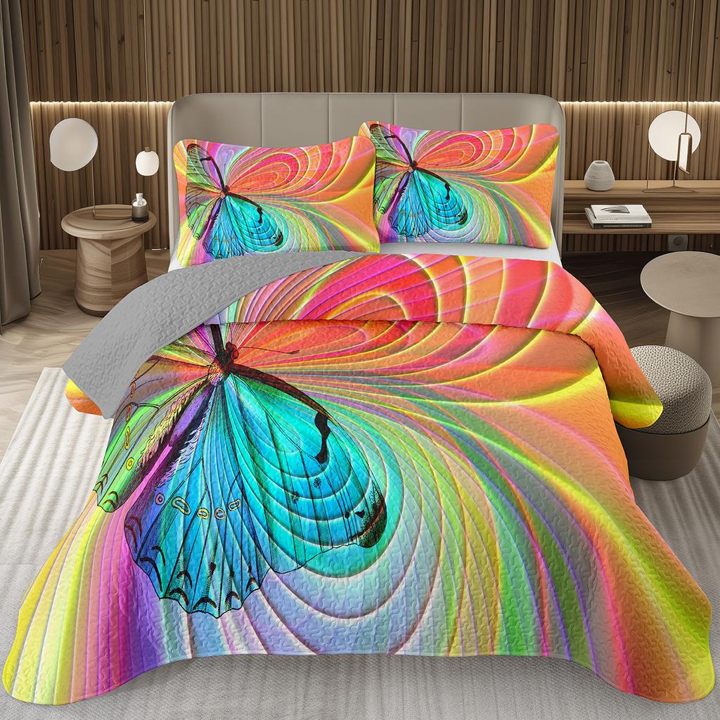 Butterfly Bedspread Twin/Queen/King Watercolor Botanical Floral Coverlet Fantasy Style Bedding Set Reversible Quilted Bedspreads