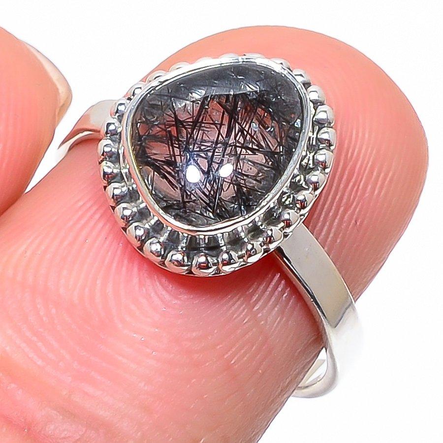 

Natural Black Rutile Gemstone Handmade 925 Solid Sterling Silver Ring S.8 S2q24