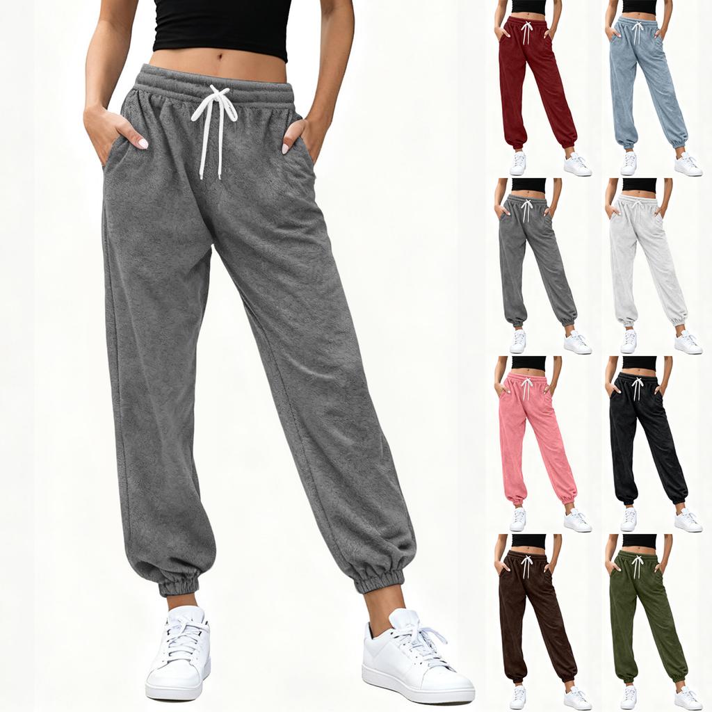 Women's Fashionable Solid Color Pocket Drawstring Elastic Waist Plush Casual Pants