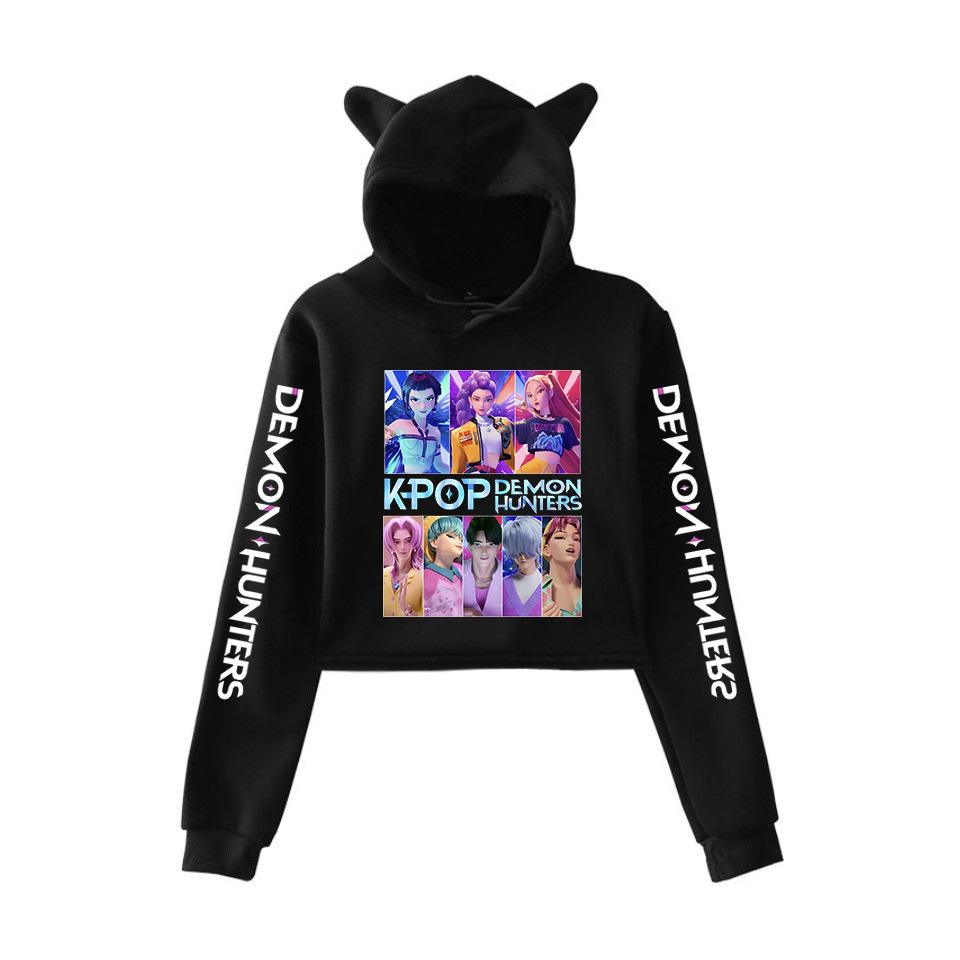 Anime K-Pop Dämonenjäger Saja Boys Crop Tops Katzenohren Sweatshirt Langarm Mädchen Mode Kapuzenpullover