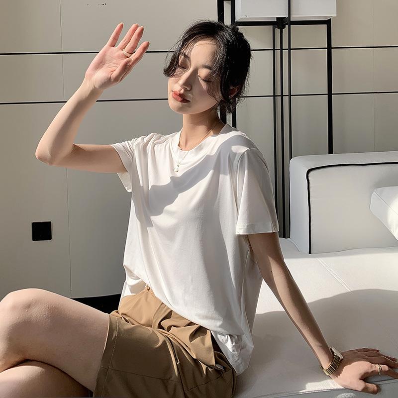 Damen Weißes V-Ausschnitt Kurzarm Sommer T-Shirt (2025), Lockere Passform, Unifarbe, Schlankes Unterhemd