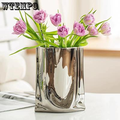 Ceramiczny Srebrzysty Wazon w Kształcie Kwiatu Pognieciony Papier Dekoracyjny Duży Ozdoby Wazonu do Salonu Dekoracje Domowe