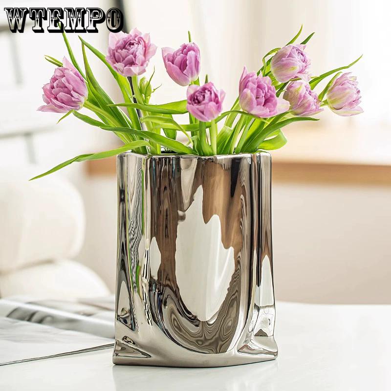 WTEMPO Ceramic Silvery Flower Vase Crinkle Paper Shaped Decorative Large Vase Ornaments for Living Room Home Decorations