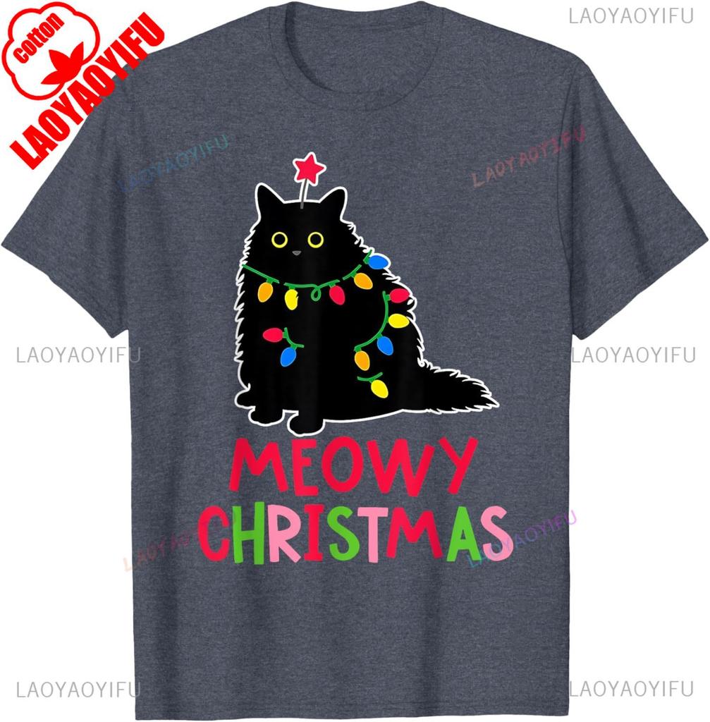 New Style Lovely Kawaii Meowy Christmas Xmas Lights Black Cat Pajamas Family Funny Men Women High Quality Cotton TShirt