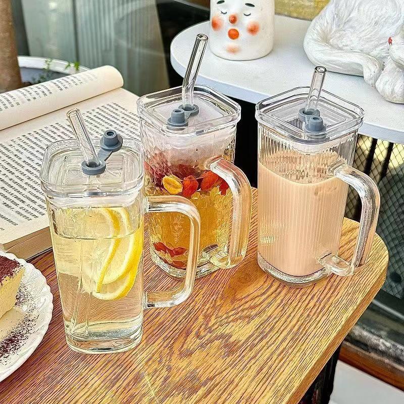 INS-Style Transparent Glass Tumbler with Handle - Stylish Summer Juice Cup with Vertical Stripes