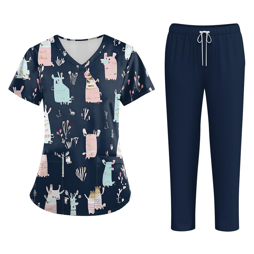 Magliette da lavoro taglie forti, uniformi da lavoro stampate per donne, scollo a V incrociato, stampa di Halloween, maniche corte, divertenti, t-shirt da lavoro con tasche