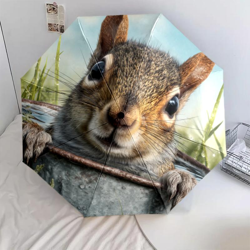 Cute Squirrel pattern, automatic folding umbrella, portable and foldable design, 8 ribs, a Christmas or birthday gift.