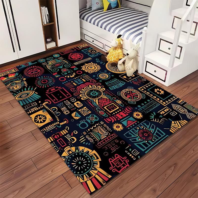Colorful Ethnic Geometric Pattern Carpet with Abstract Tribal Design Suitable for Use As an Anti-slip for Living Room Bedroom Sofas