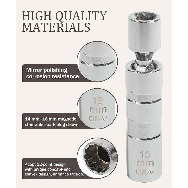 RACOONA Spark Plug Socket Set,14Mm&16Mm Thin Walled Spark Plug Socket,Car Accessories Universal Joint 3/8-Inch Drive 12 Point Magnetic Swivel Socket