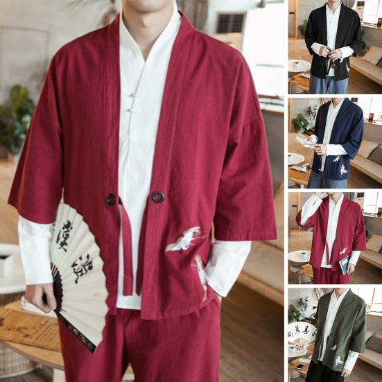 

Мужской кардиган с принтом журавля, пальто, свободная рубашка с рукавами 3/4 спереди на шнуровке, верхняя одежда, мужская одежда