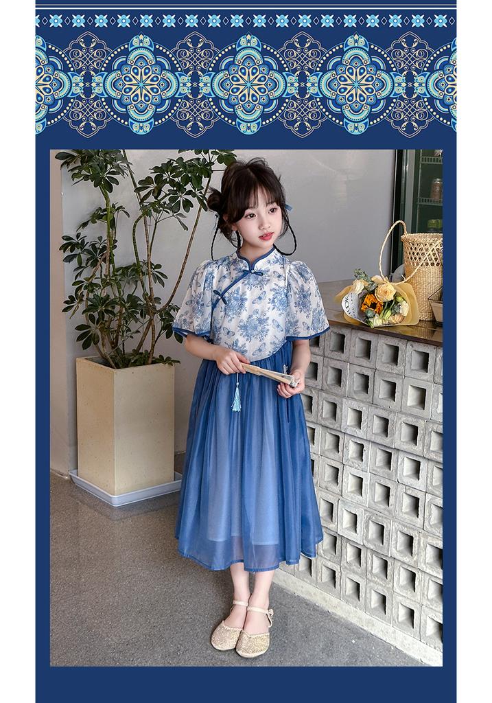 Girls' cheongsam dress 2026 new summer children's Chinese style blue and white porcelain Hanfu ancient style summer princess dress