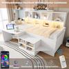 Children's Bed 90×200 Cm, Desk With Storage And Sockets, LED Light Strip And Multi-level Shelves, Single Bed Made Of Solid Wood, Youth Bed, White