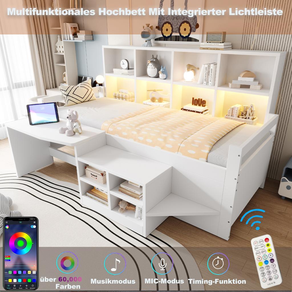Children's Bed 90×200 Cm, Desk With Storage And Sockets, LED Light Strip And Multi-level Shelves, Single Bed Made Of Solid Wood, Youth Bed, White