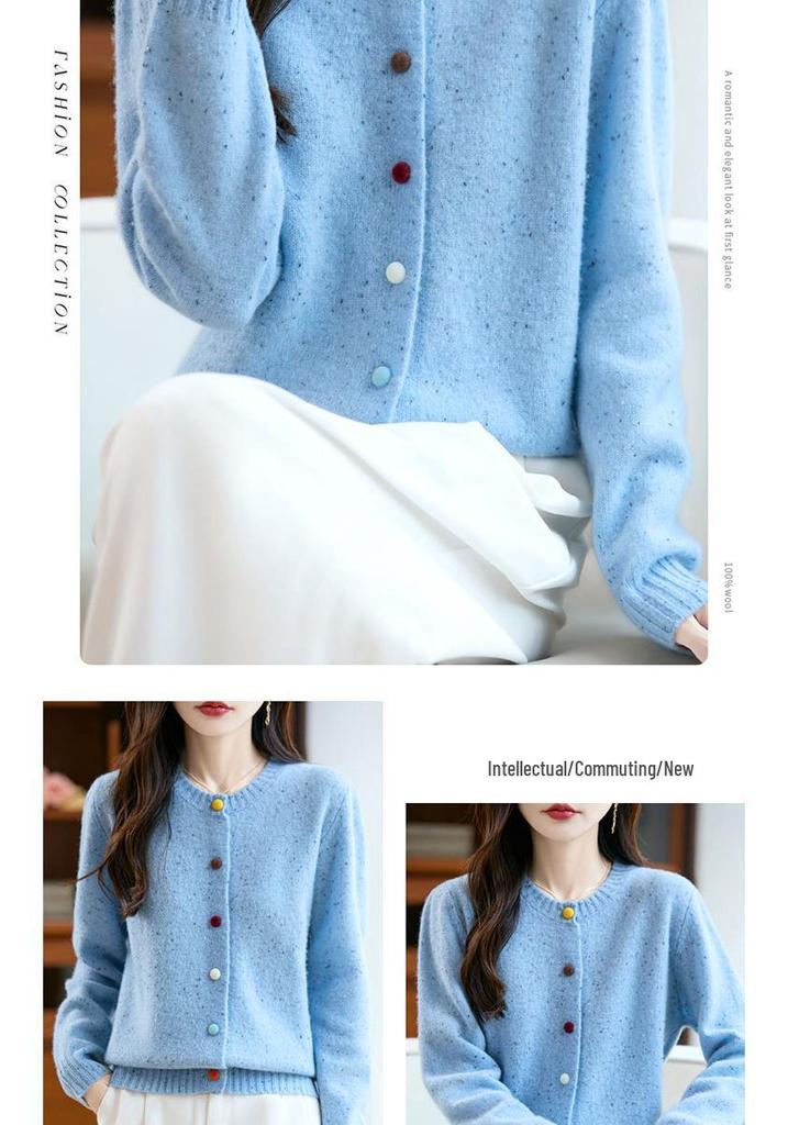 Women's 100% Wool Cardigan Sweater - Round Neck, Colorful Buttons, Loose Fit, Long Sleeve, Casual Autumn/Winter Fashion Outerwear