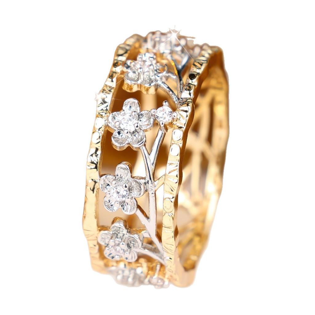 Two-tone Hollow Floral Branch Zircon Ring Forest-style, Artistic, and Vintage Floral Ring with Contrasting Colors and a Wide Band