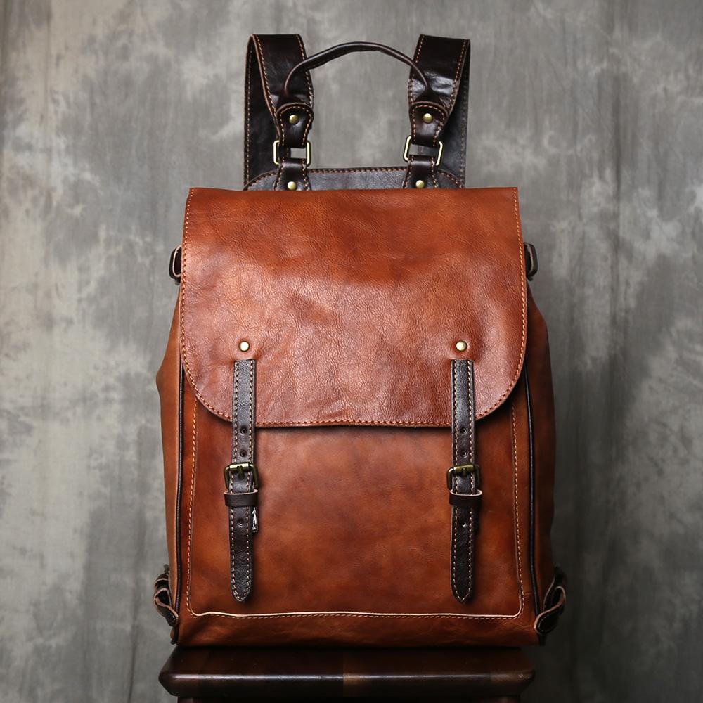 Retro Cowhide Backpack for Men Handmade Polished Leather Casual Computer Backpack Outdoor Large Capacity Trendy Backpack