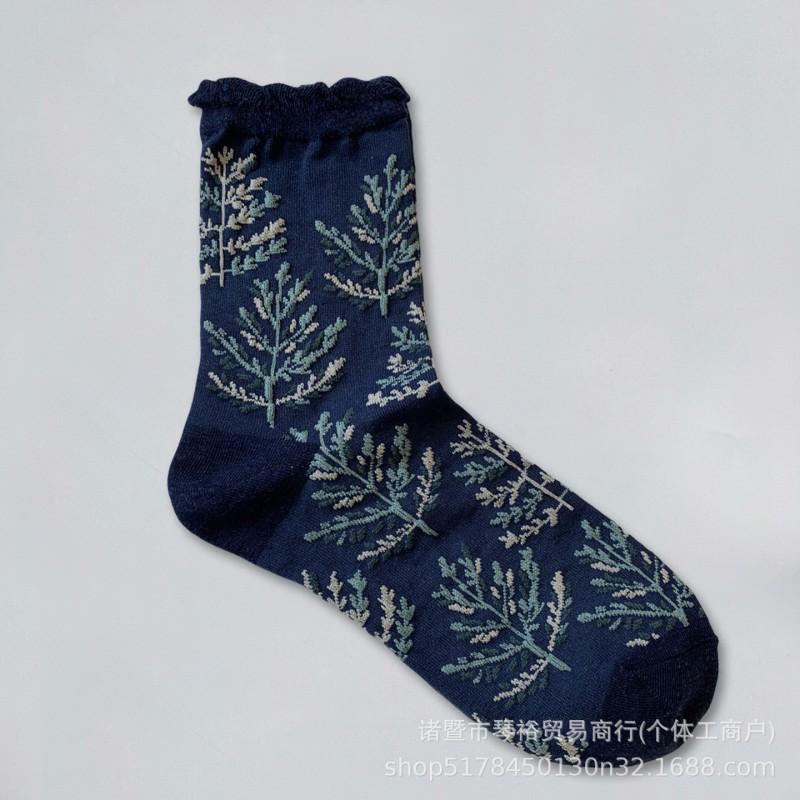 Womens Mid-Calf Socks Japanese Vintage Floral Embossed Artistic Casual