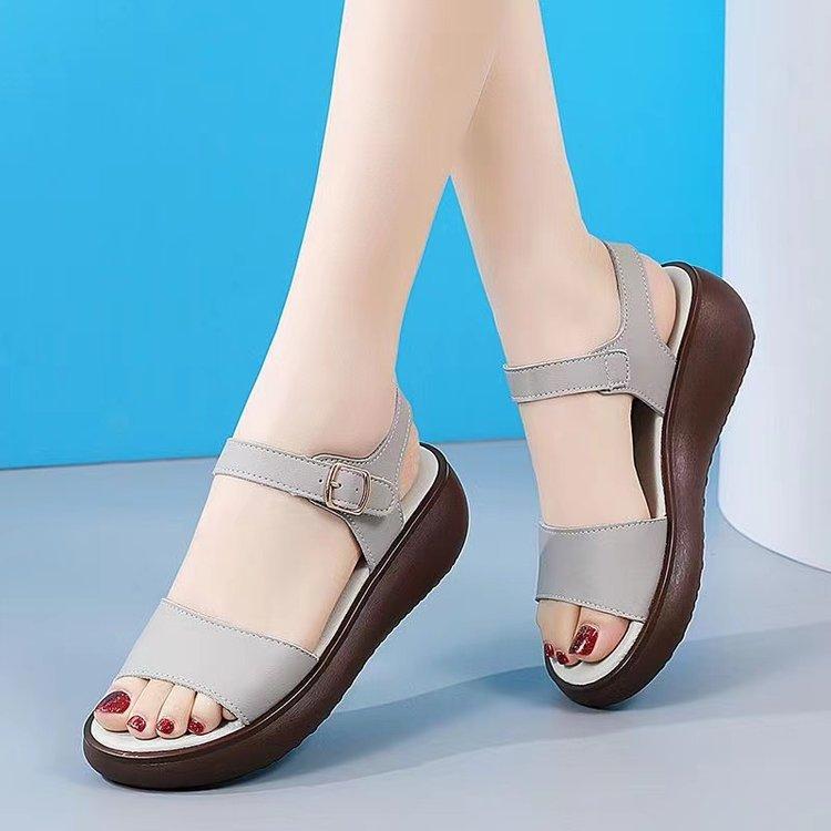 Leather Sandals Women's Summer Fashion New Soft-soled Non-slip Women's Work Casual Versatile Medium Heel Thick-soled Muffin Shoes