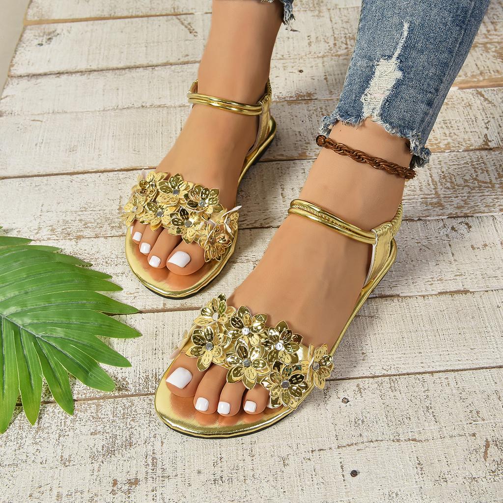 Mode Damen Blumen-Sandalen 2025 Trend Mode Gold Offene Zehen Flache Schuhe Damen Bequeme Slipper Sommer Outdoor Party Schuhe Sandalen