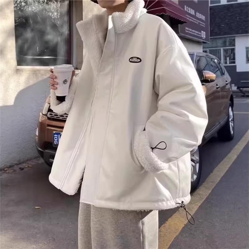 Men's Korean Style Reversible Hong Kong Jacket, Winter Loose Fit, Thick Lamb Wool Cotton Coat, Trendy Couple's Outerwear.