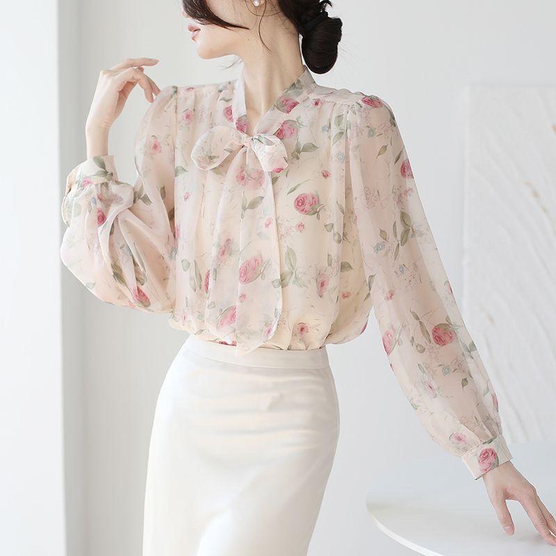 Moda Estilo Francês Primavera Verão Nova Camisas de Chiffon Mulheres Gola Alta Estampa Laço Amarração Manga Bufante Temperamento Solto Tops